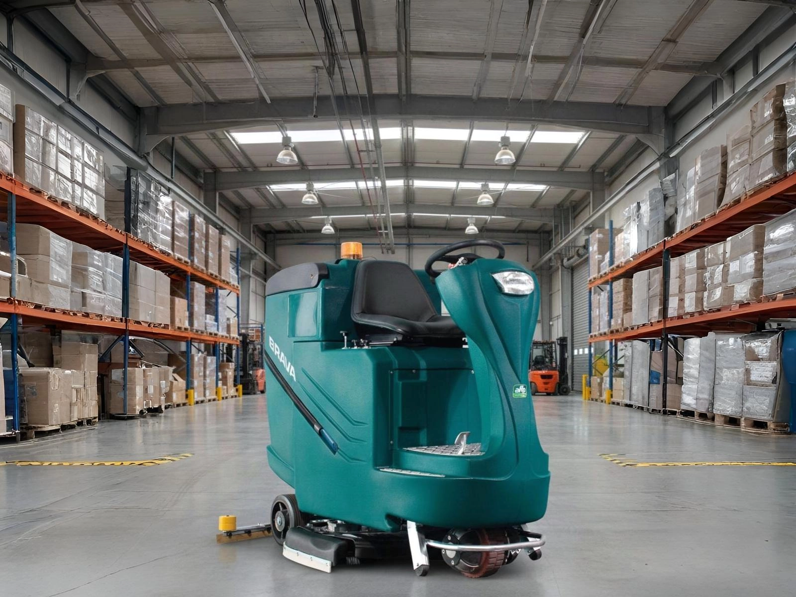 Técnico da TopService realizando manutenção em uma lavadora de piso industrial.